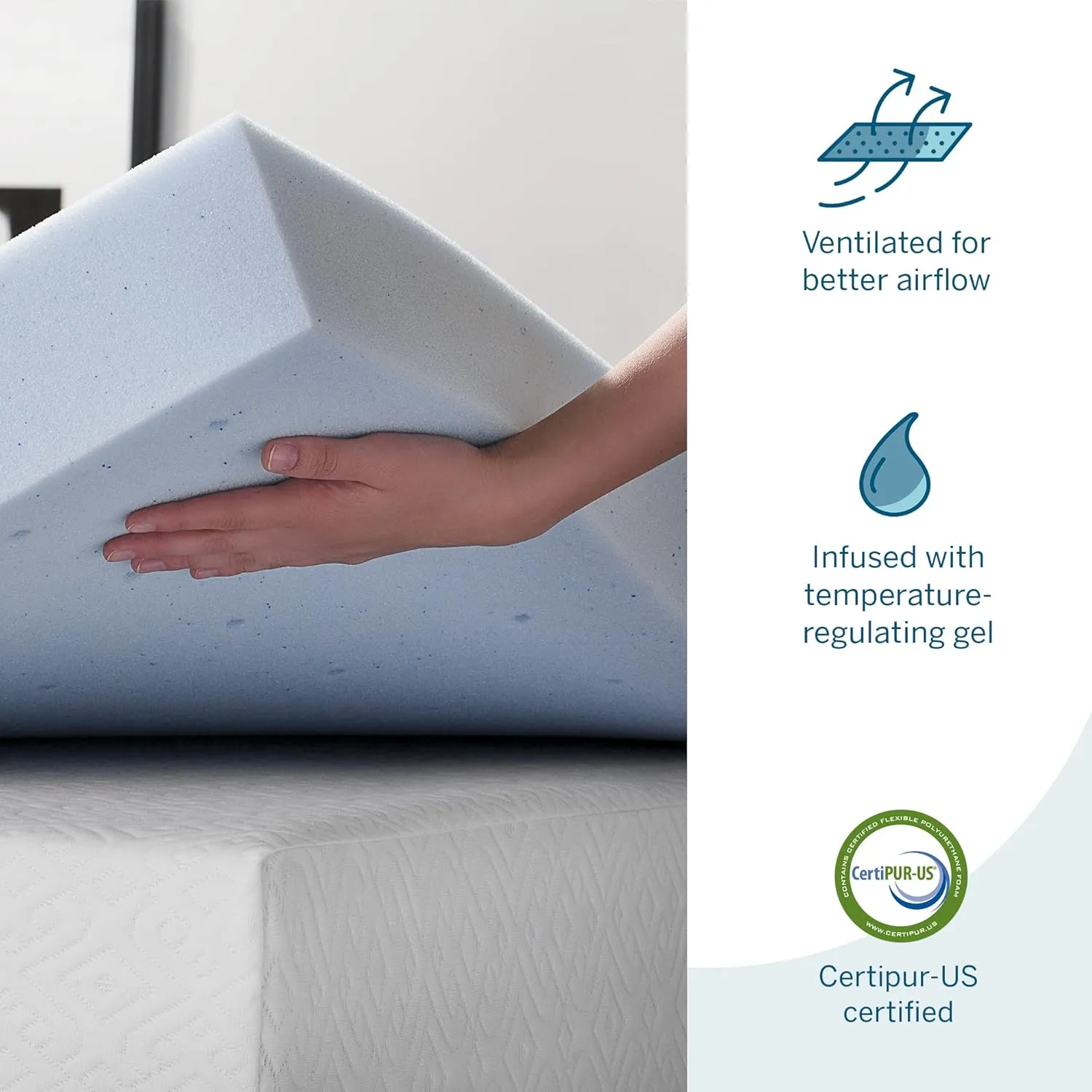 LUCID 4 Inch Gel Memory Foam Mattress Topper, Ventilated Design, Ultra Plush, CertiPUR-US Certified, King, Blue