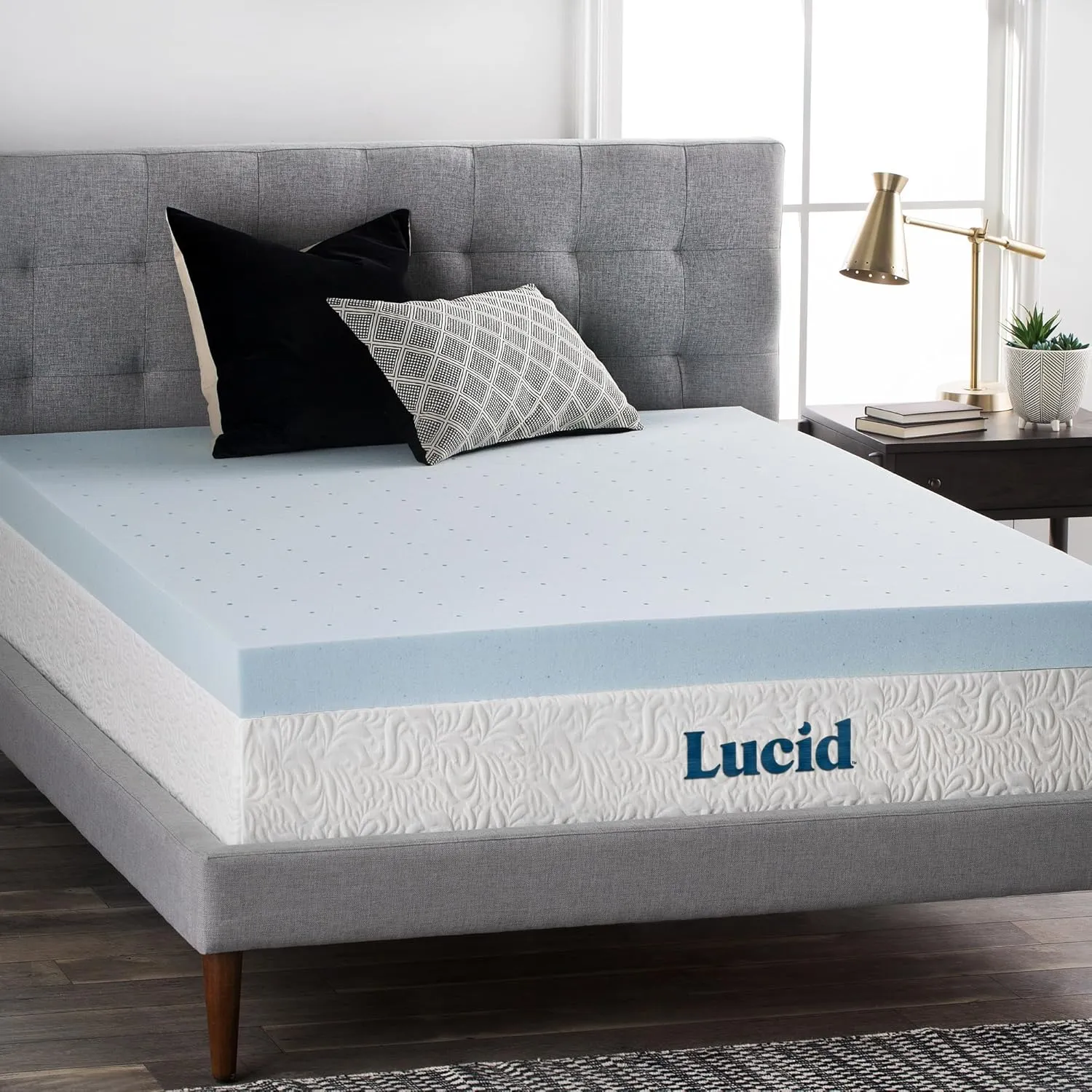 LUCID 4 Inch Gel Memory Foam Mattress Topper, Ventilated Design, Ultra Plush, CertiPUR-US Certified, King, Blue