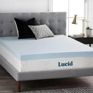 LUCID 4 Inch Gel Memory Foam Mattress Topper, Ventilated Design, Ultra Plush, CertiPUR-US Certified, King, Blue