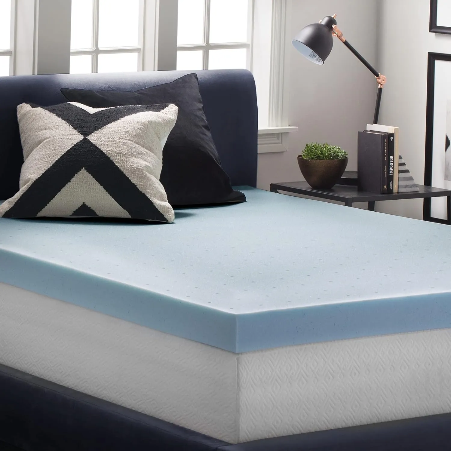 LUCID 4 Inch Gel Memory Foam Mattress Topper, Ventilated Design, Ultra Plush, CertiPUR-US Certified, King, Blue