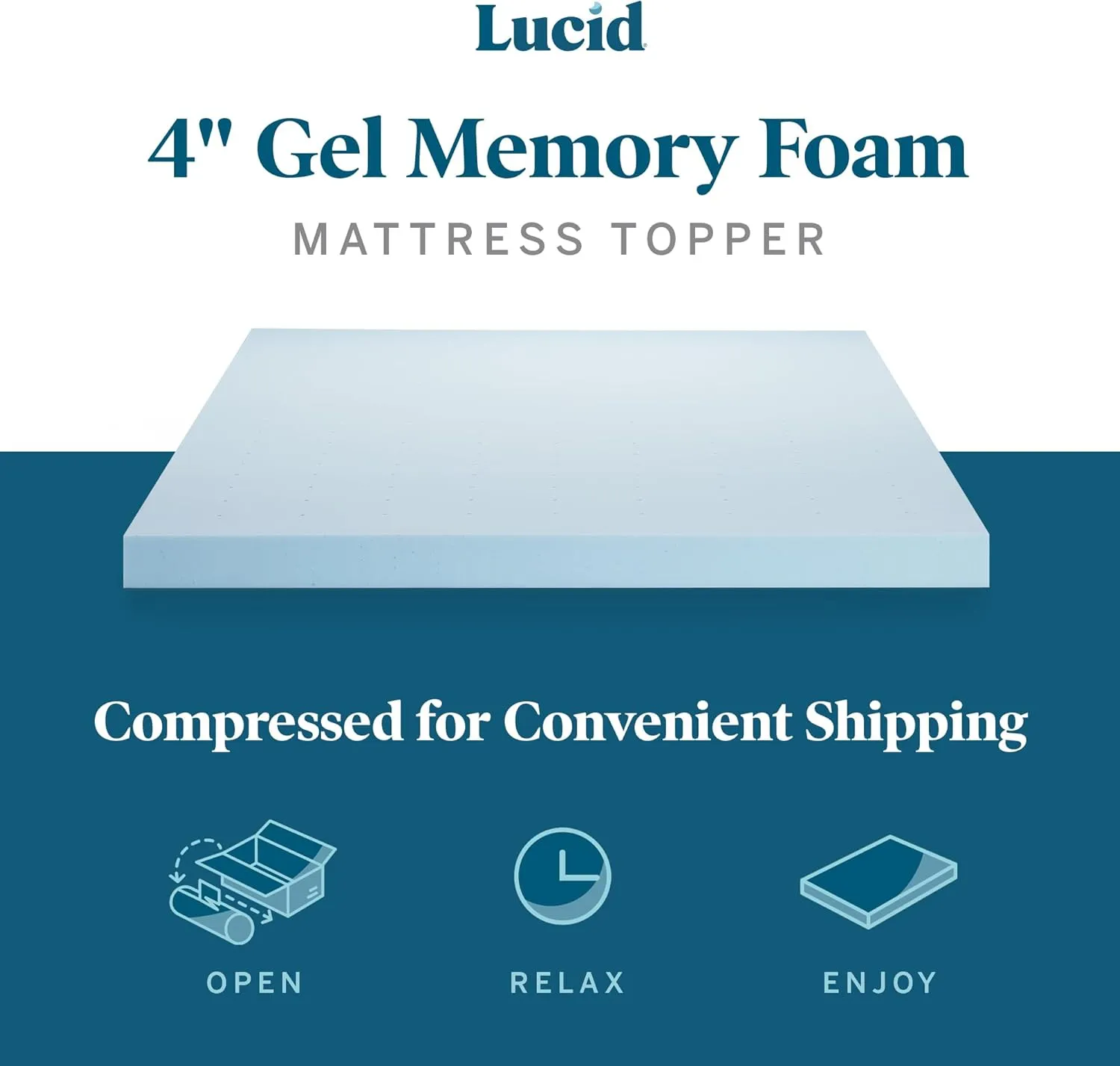 LUCID 4 Inch Gel Memory Foam Mattress Topper, Ventilated Design, Ultra Plush, CertiPUR-US Certified, King, Blue