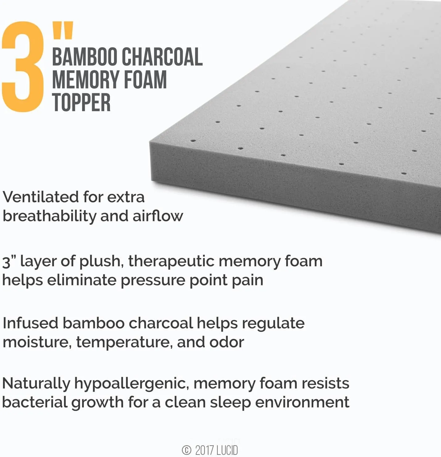 LUCID Bamboo Charcoal Infused Memory, 3 Inch, Hypoallergenic, Cooling Ventilation, CertiPUR-Certified Foam Mattress Topper, Twin XL