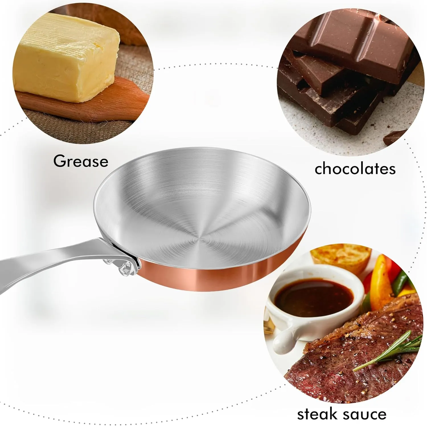 Macevia Mini Sauce Pan,Copper Stainless Steel Butter Warmer Small Pot with Handle, Multipurpose Use for Home Kitchen or Restaurant (0.12 Quart/4 Inch)