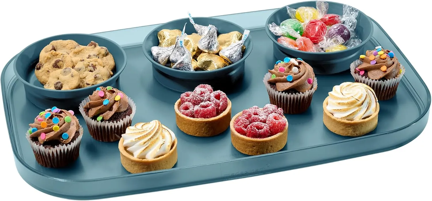 Madesmart Dipware 3-Bowl Reusable Serving Tray for Appetizers and Snacks, Food-Safe Appetizer Serving Platter with 3 Removable Dip Bowls, Midnight