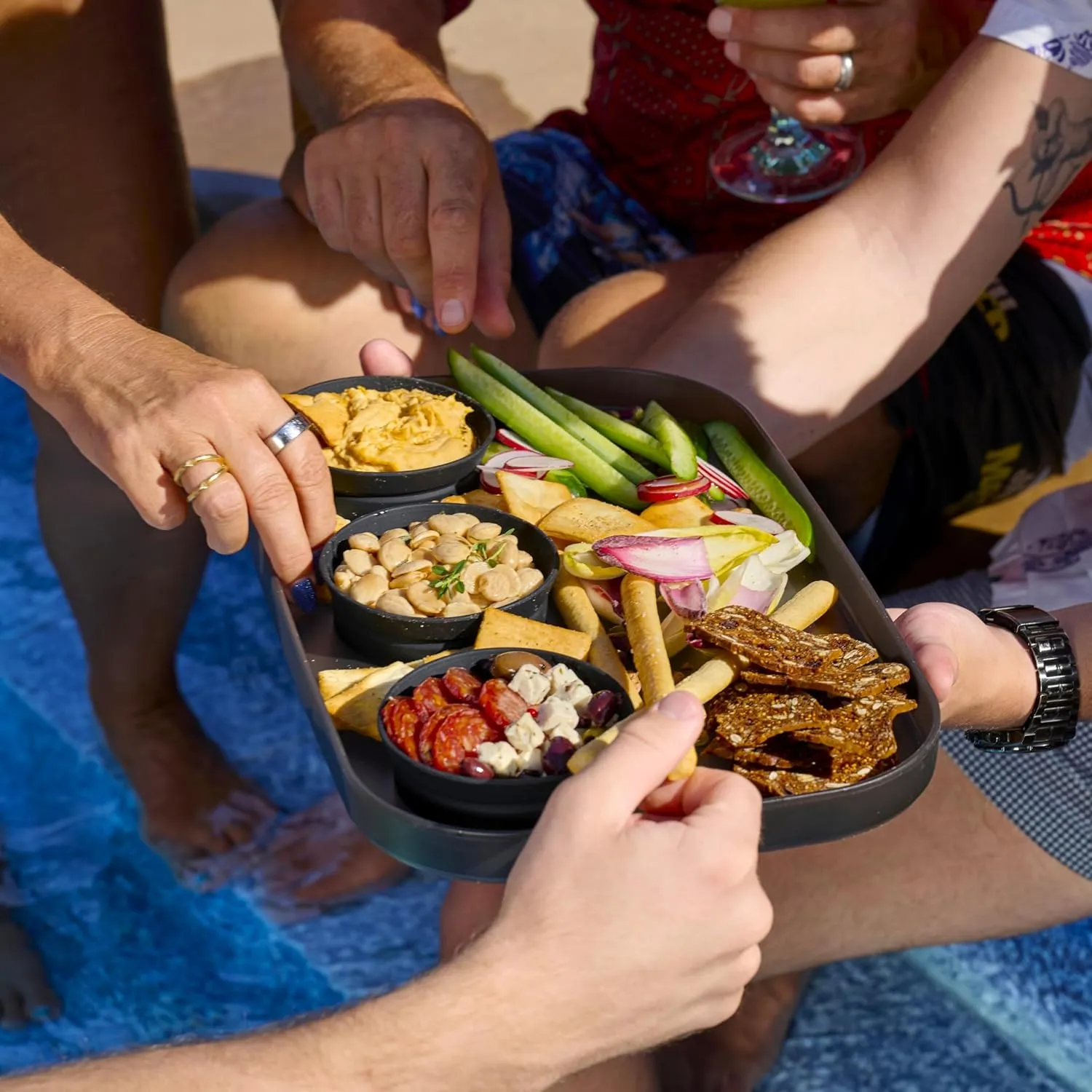 Madesmart Dipware 3-Bowl Reusable Serving Tray for Appetizers and Snacks, Food-Safe Appetizer Serving Platter with 3 Removable Dip Bowls, Midnight
