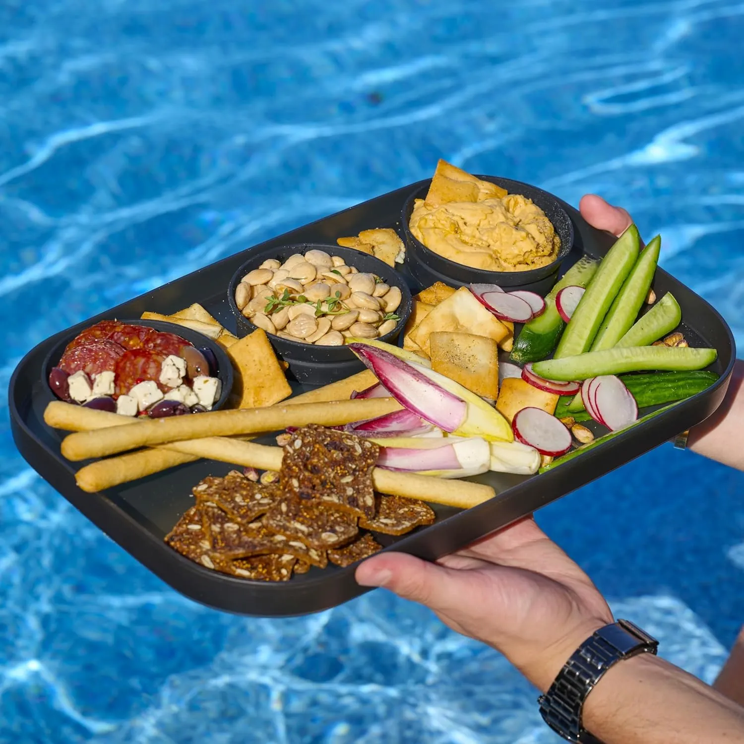 Madesmart Dipware 3-Bowl Reusable Serving Tray for Appetizers and Snacks, Food-Safe Appetizer Serving Platter with 3 Removable Dip Bowls, Midnight