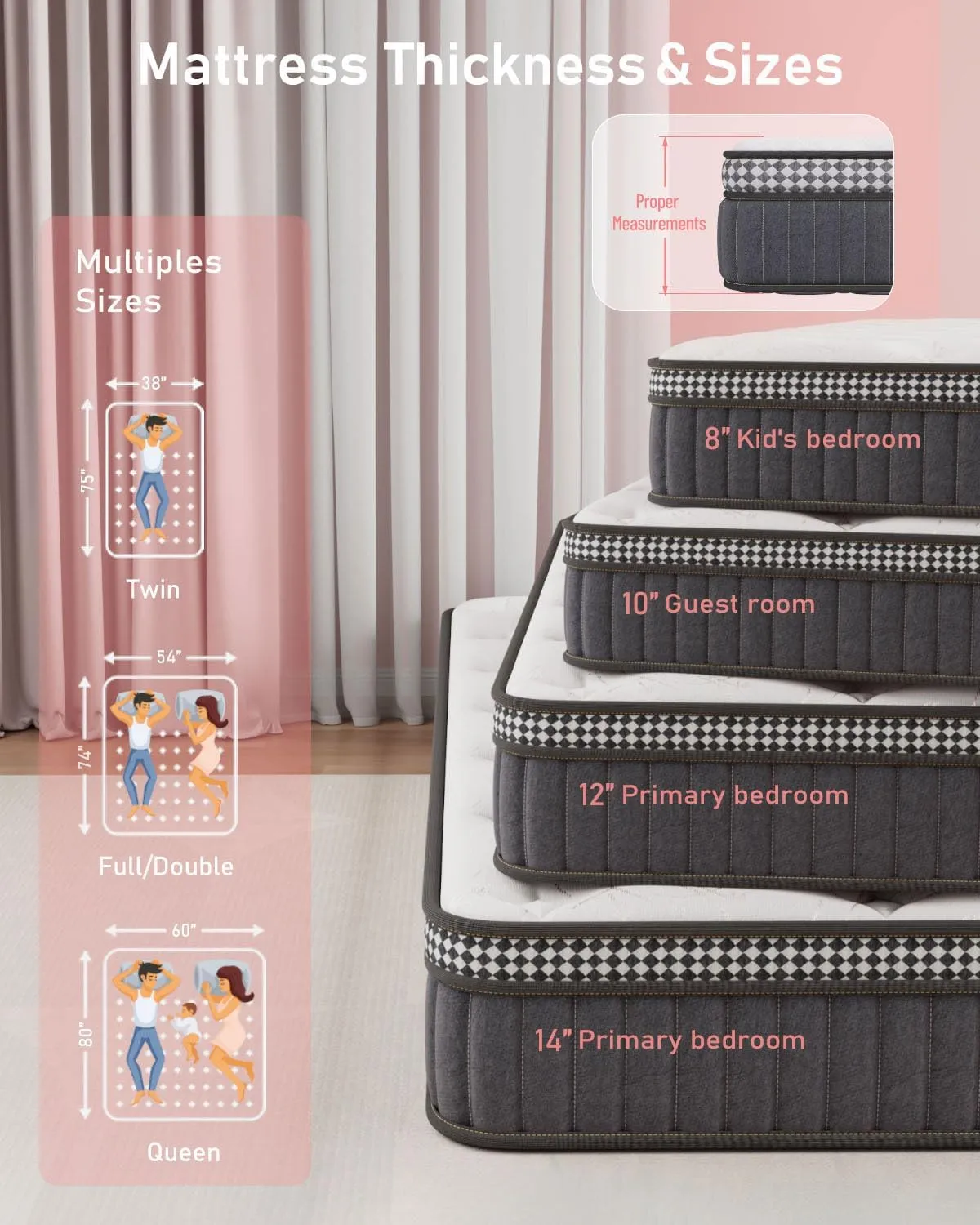 Mattress Queen Size, 12 inch Hybrid Queen Mattresses in a Box, with Gel Memory Foam, Pocket Springs for Motion Isolation, Medium Firm Matress, CertiPUR-US, 100-Night Trial, 60"x80"x12"