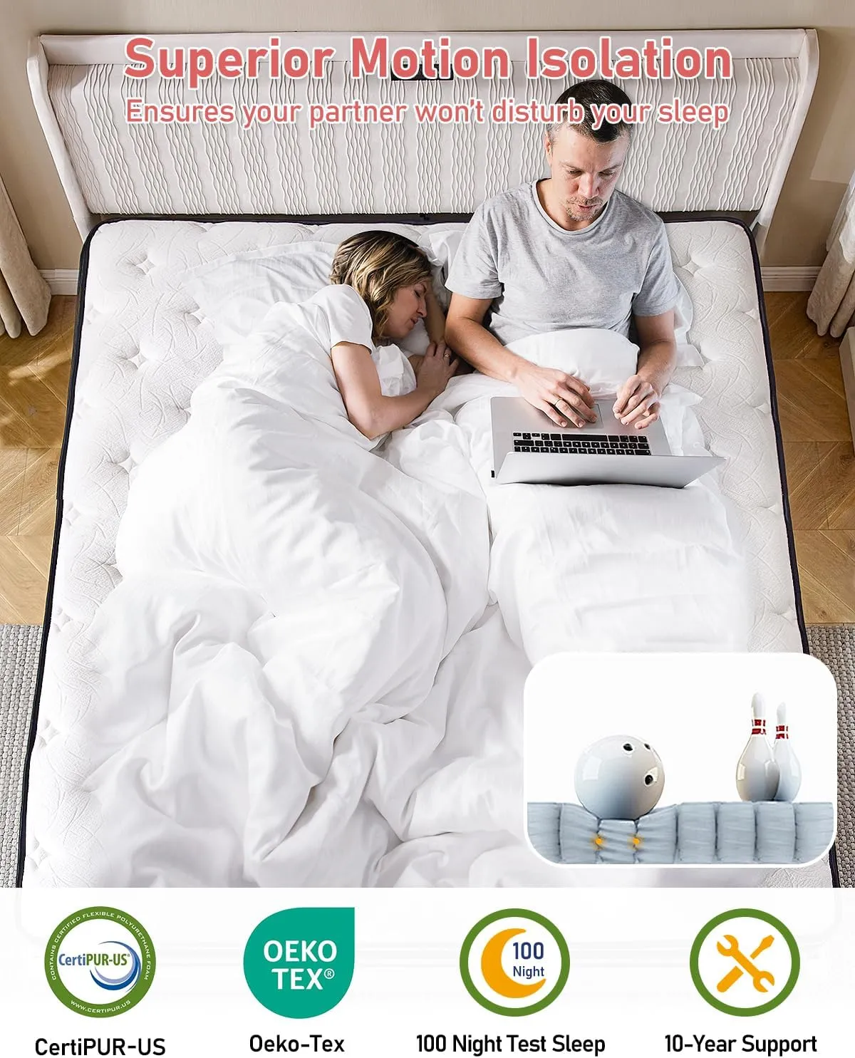 Mattress Queen Size, 12 inch Hybrid Queen Mattresses in a Box, with Gel Memory Foam, Pocket Springs for Motion Isolation, Medium Firm Matress, CertiPUR-US, 100-Night Trial, 60"x80"x12"