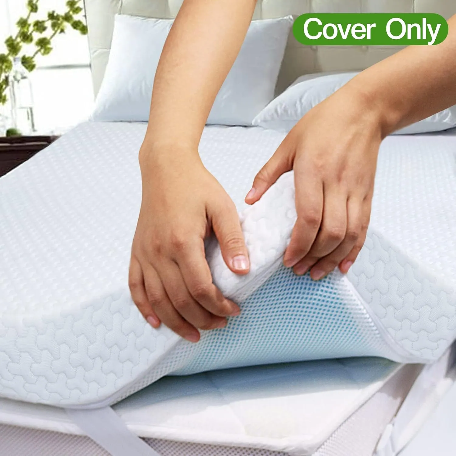 Mattress Topper Cover Queen Size (Only Cover) 3 Inch Mattress Protector Cooling Bamboo Rayon Zippered Mattress Encasement with Adjustable Straps for Latex Mattress Topper Memory Foam Cover