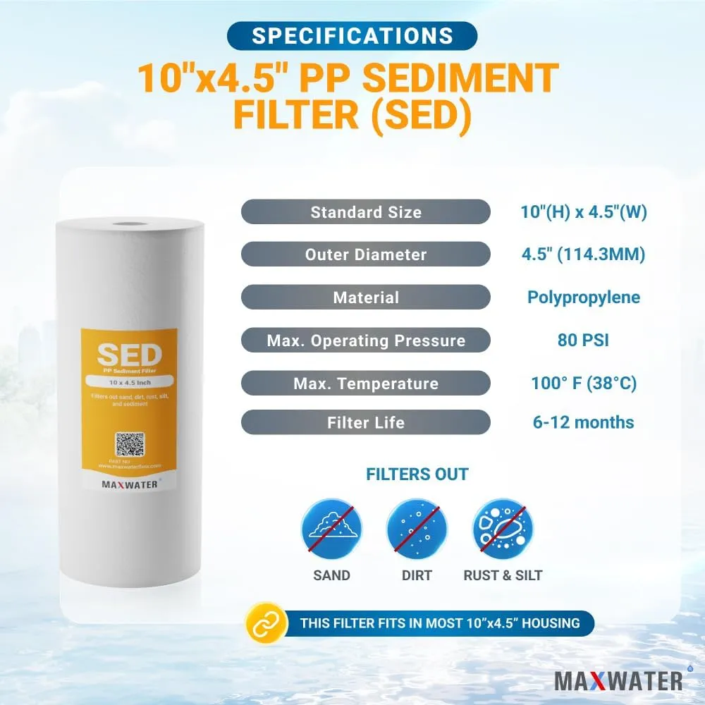 Max Water 5 Micron 10 x 4.5 inch Whole house Sediment Water Filter | Meltblown Polypropylene Well Water Filter Replacement Cartridges for DGD-5005, AP810, SDC-45-1001, GXWH30C, PP10BB (20 Pack)