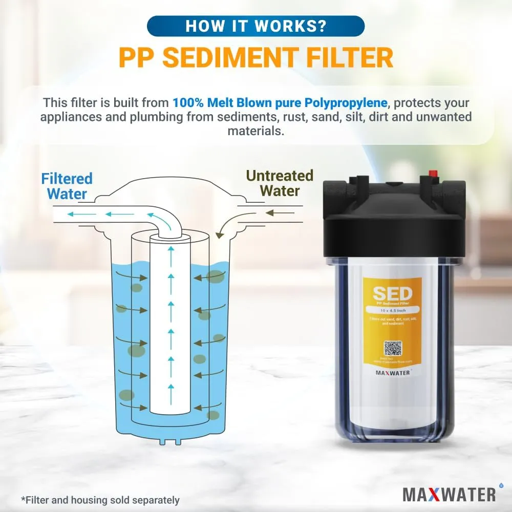 Max Water 5 Micron 10 x 4.5 inch Whole house Sediment Water Filter | Meltblown Polypropylene Well Water Filter Replacement Cartridges for DGD-5005, AP810, SDC-45-1001, GXWH30C, PP10BB (20 Pack)