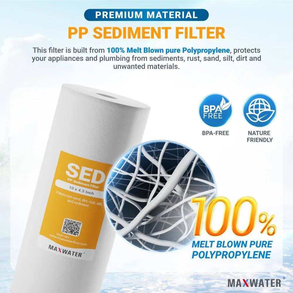 Max Water 5 Micron 10 x 4.5 inch Whole house Sediment Water Filter | Meltblown Polypropylene Well Water Filter Replacement Cartridges for DGD-5005, AP810, SDC-45-1001, GXWH30C, PP10BB (20 Pack)