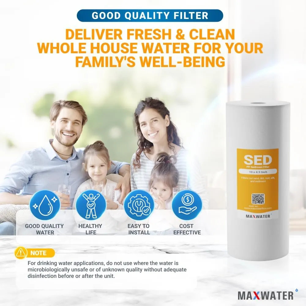 Max Water 5 Micron 10 x 4.5 inch Whole house Sediment Water Filter | Meltblown Polypropylene Well Water Filter Replacement Cartridges for DGD-5005, AP810, SDC-45-1001, GXWH30C, PP10BB (20 Pack)