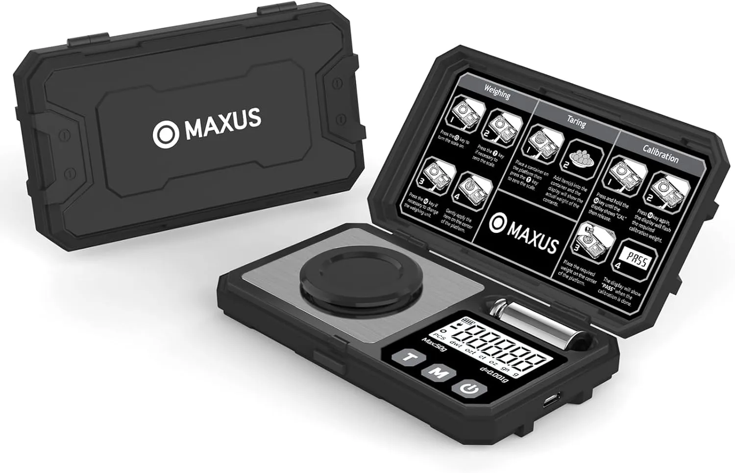 MAXUS Milligram Scale 50g/0.001g, Compact Mg Scale with 50g Calibration Weight, Black Powder Scale for Reloading, Includes a Scoop, a Powder Pan, a USB Cable and Tweezers