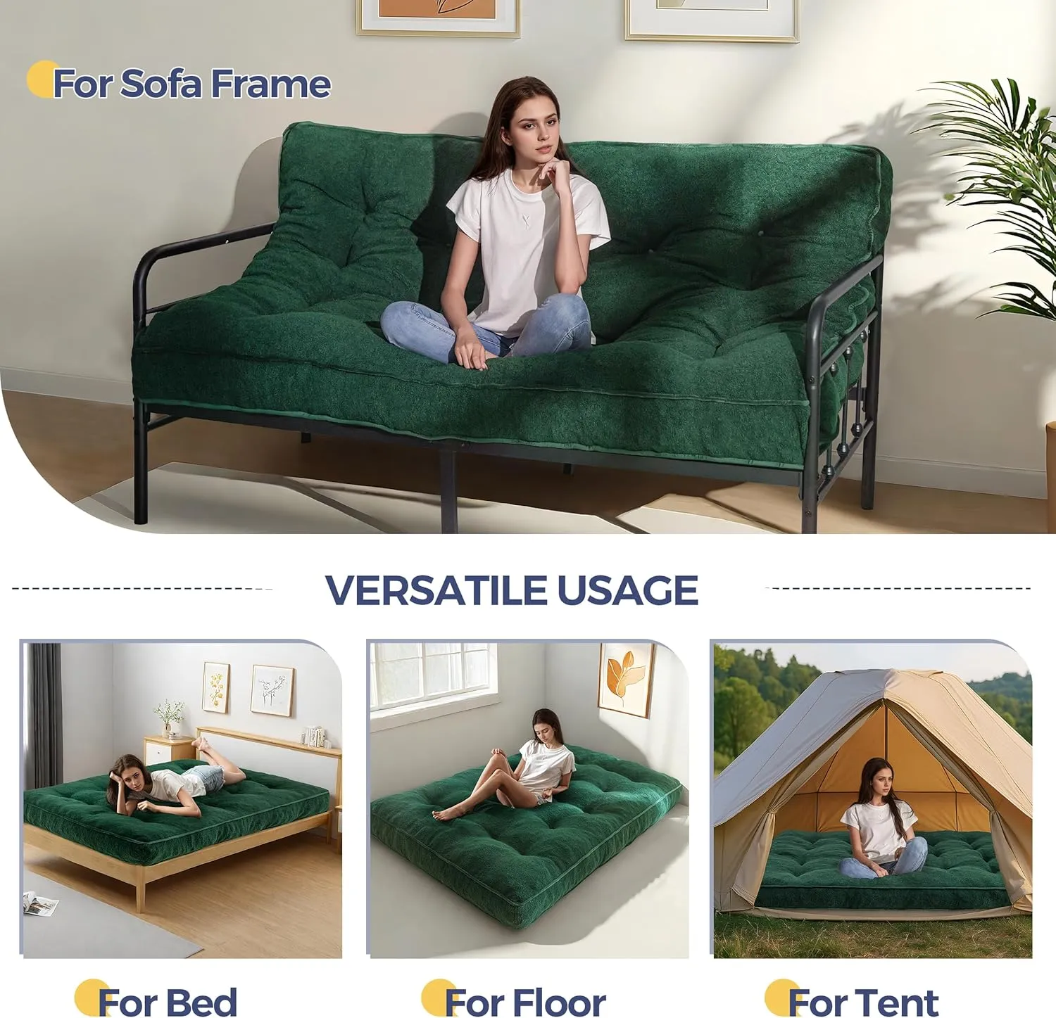 MAXYOYO 6" Futon Mattress Full Size, Thick Boucle Futons Sofa Couch Bed Sleeper Sofa Bed Floor Mattress for Adults, Shredded Foam Filling (Frame Not Included), Green