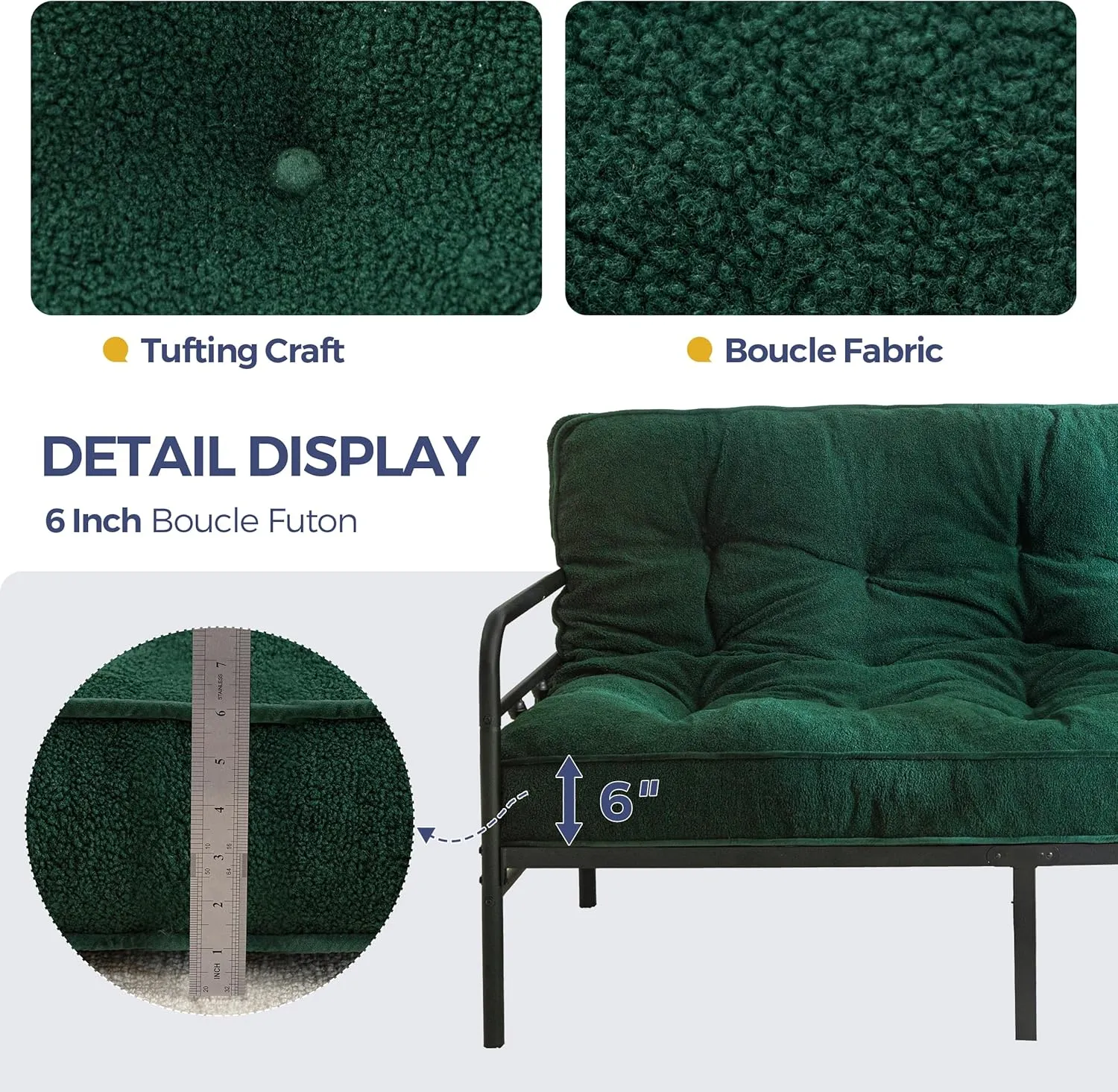 MAXYOYO 6" Futon Mattress Full Size, Thick Boucle Futons Sofa Couch Bed Sleeper Sofa Bed Floor Mattress for Adults, Shredded Foam Filling (Frame Not Included), Green