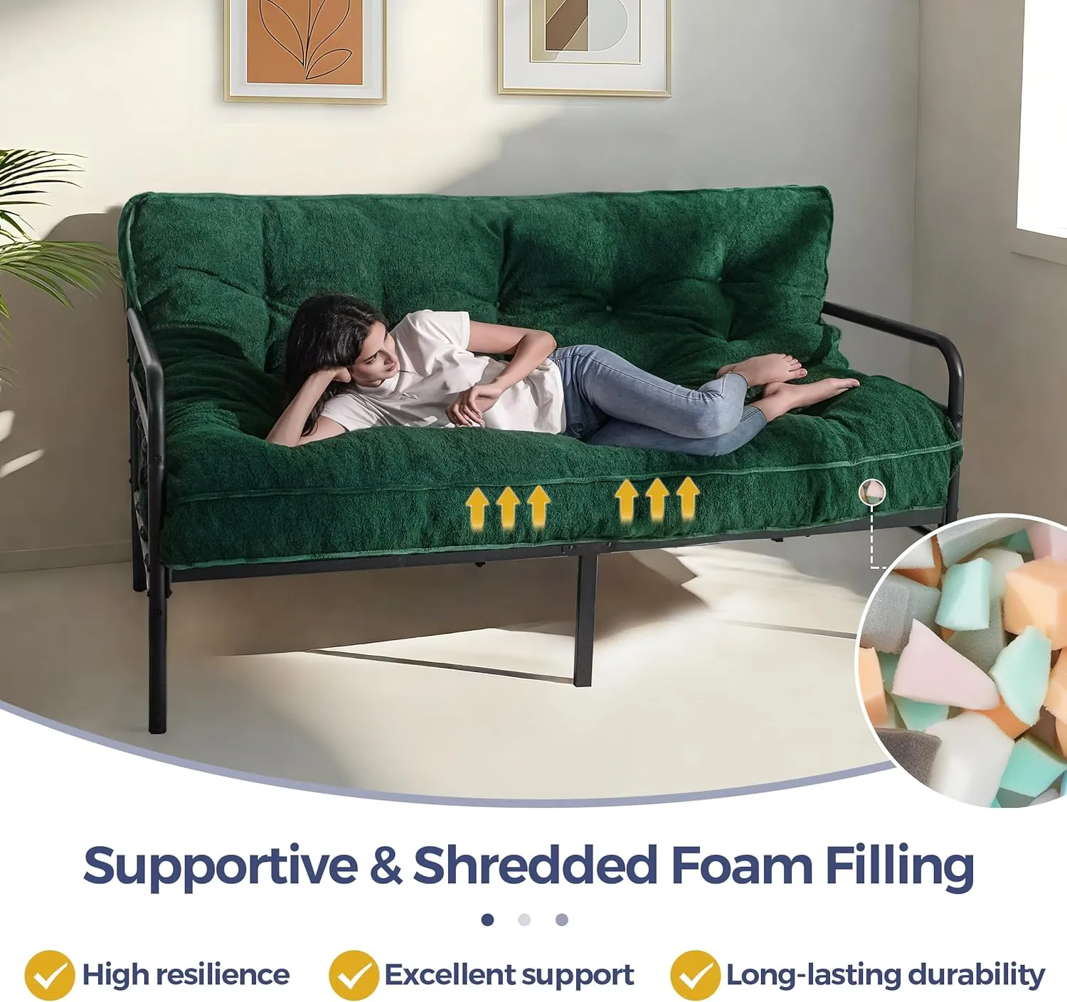 MAXYOYO 6" Futon Mattress Full Size, Thick Boucle Futons Sofa Couch Bed Sleeper Sofa Bed Floor Mattress for Adults, Shredded Foam Filling (Frame Not Included), Green