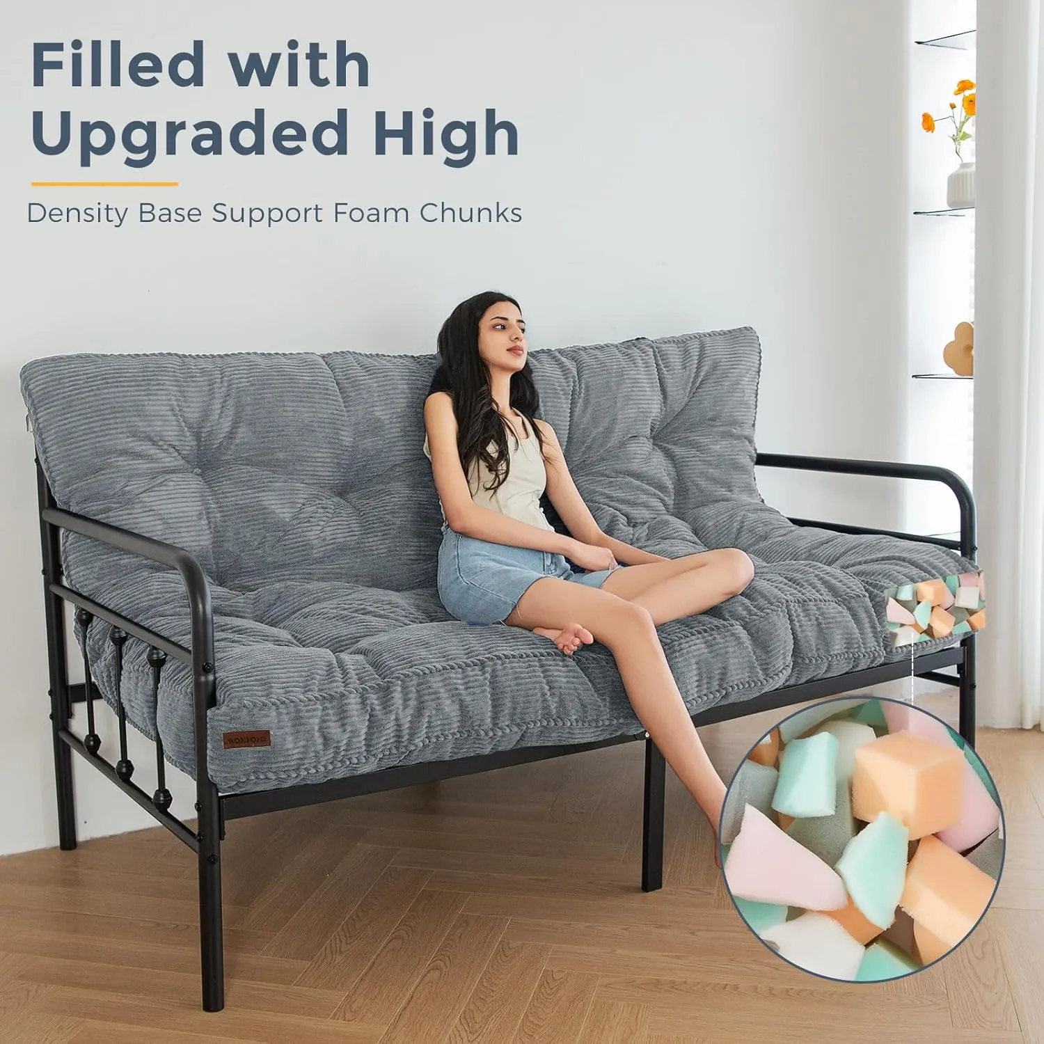 MAXYOYO 6" Futon Mattress Full Size, Tufted Futons Sofa Couch Bed with Twisted Rope Design Edging, Thick Corded Fabric Floor Mattress for Adults, Shredded Foam Filling (Frame Not Included), Dark Grey