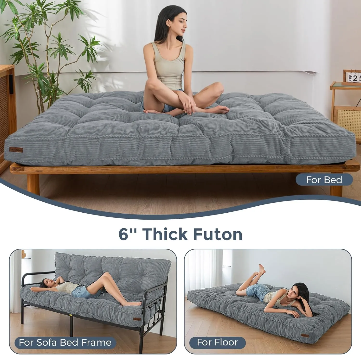 MAXYOYO 6" Futon Mattress Full Size, Tufted Futons Sofa Couch Bed with Twisted Rope Design Edging, Thick Corded Fabric Floor Mattress for Adults, Shredded Foam Filling (Frame Not Included), Dark Grey