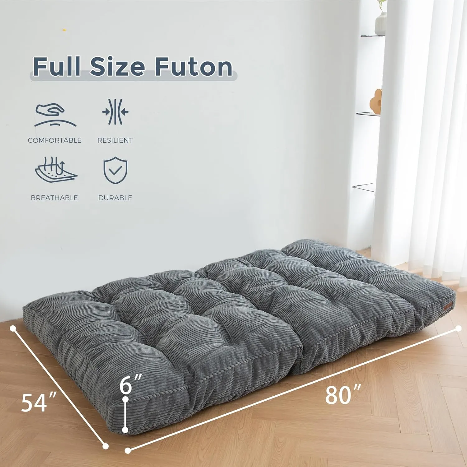 MAXYOYO 6" Futon Mattress Full Size, Tufted Futons Sofa Couch Bed with Twisted Rope Design Edging, Thick Corded Fabric Floor Mattress for Adults, Shredded Foam Filling (Frame Not Included), Dark Grey