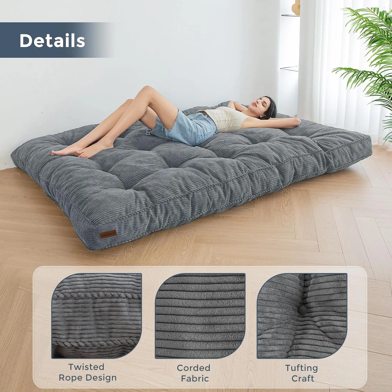 MAXYOYO 6" Futon Mattress Full Size, Tufted Futons Sofa Couch Bed with Twisted Rope Design Edging, Thick Corded Fabric Floor Mattress for Adults, Shredded Foam Filling (Frame Not Included), Dark Grey