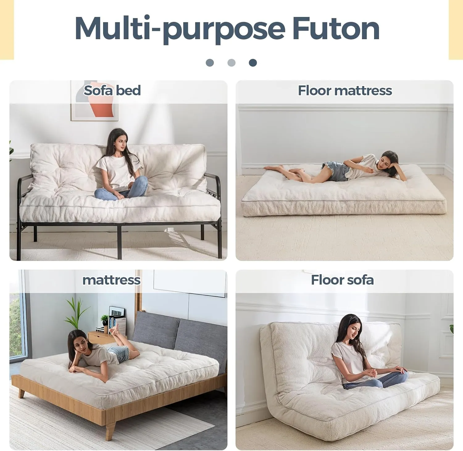 MAXYOYO 6" Futon Mattress Queen Size, Thick Boucle Futons Sofa Couch Bed Floor Mattress for Adults, Sleeper Sofa Bed for Living Room, Shredded Foam Filling (Frame Not Included), Beige