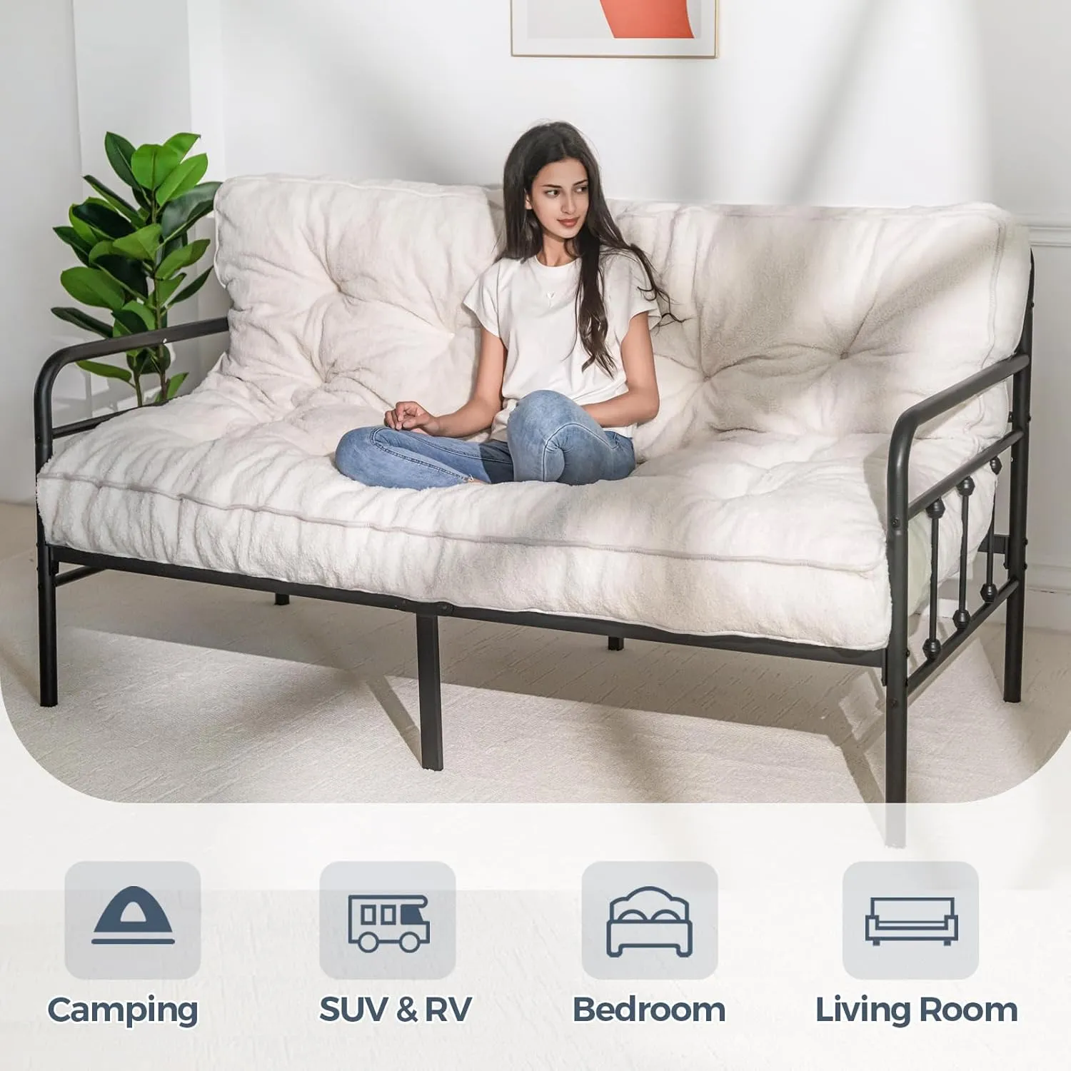 MAXYOYO 6" Futon Mattress Queen Size, Thick Boucle Futons Sofa Couch Bed Floor Mattress for Adults, Sleeper Sofa Bed for Living Room, Shredded Foam Filling (Frame Not Included), Beige