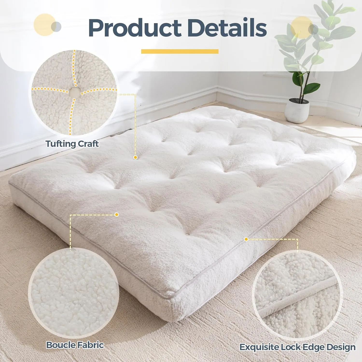 MAXYOYO 6" Futon Mattress Queen Size, Thick Boucle Futons Sofa Couch Bed Floor Mattress for Adults, Sleeper Sofa Bed for Living Room, Shredded Foam Filling (Frame Not Included), Beige