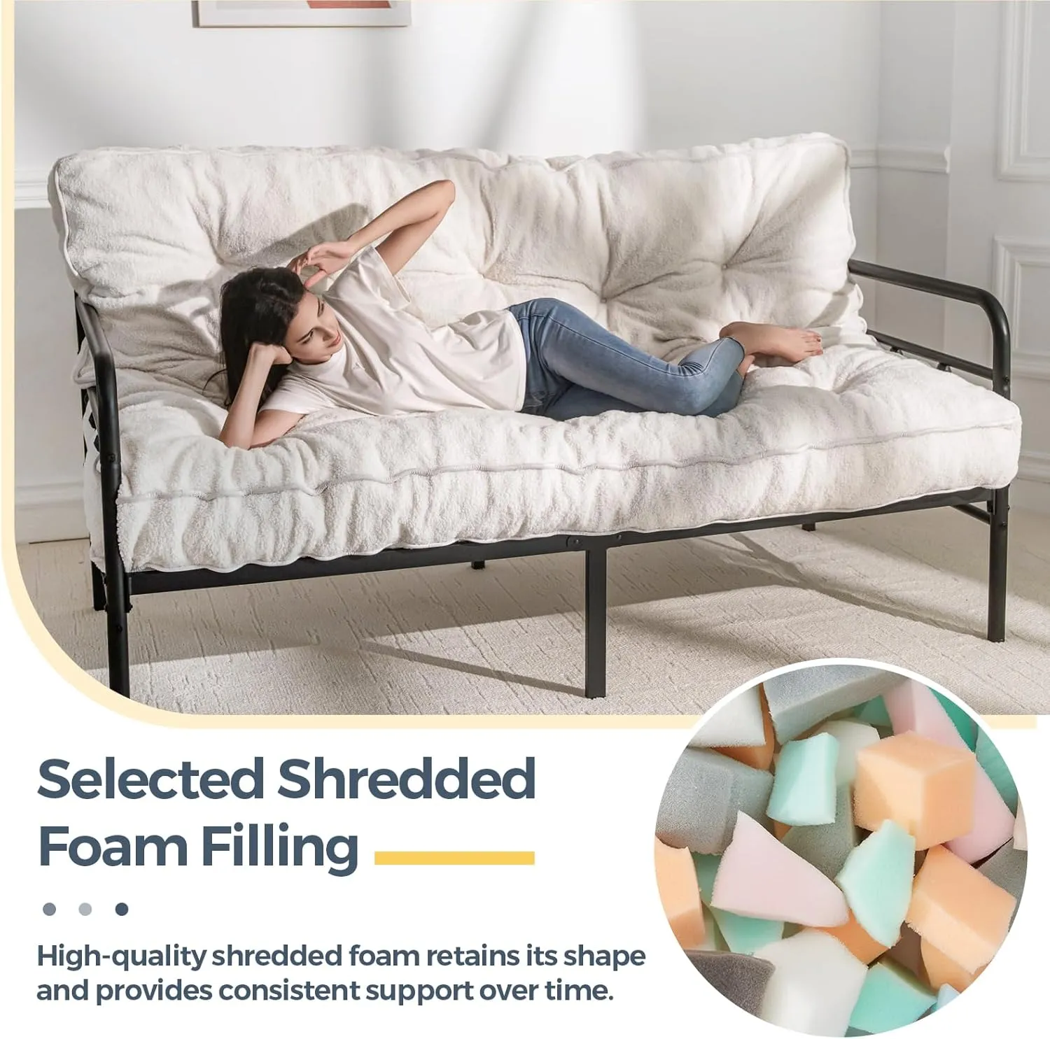MAXYOYO 6" Futon Mattress Queen Size, Thick Boucle Futons Sofa Couch Bed Floor Mattress for Adults, Sleeper Sofa Bed for Living Room, Shredded Foam Filling (Frame Not Included), Beige