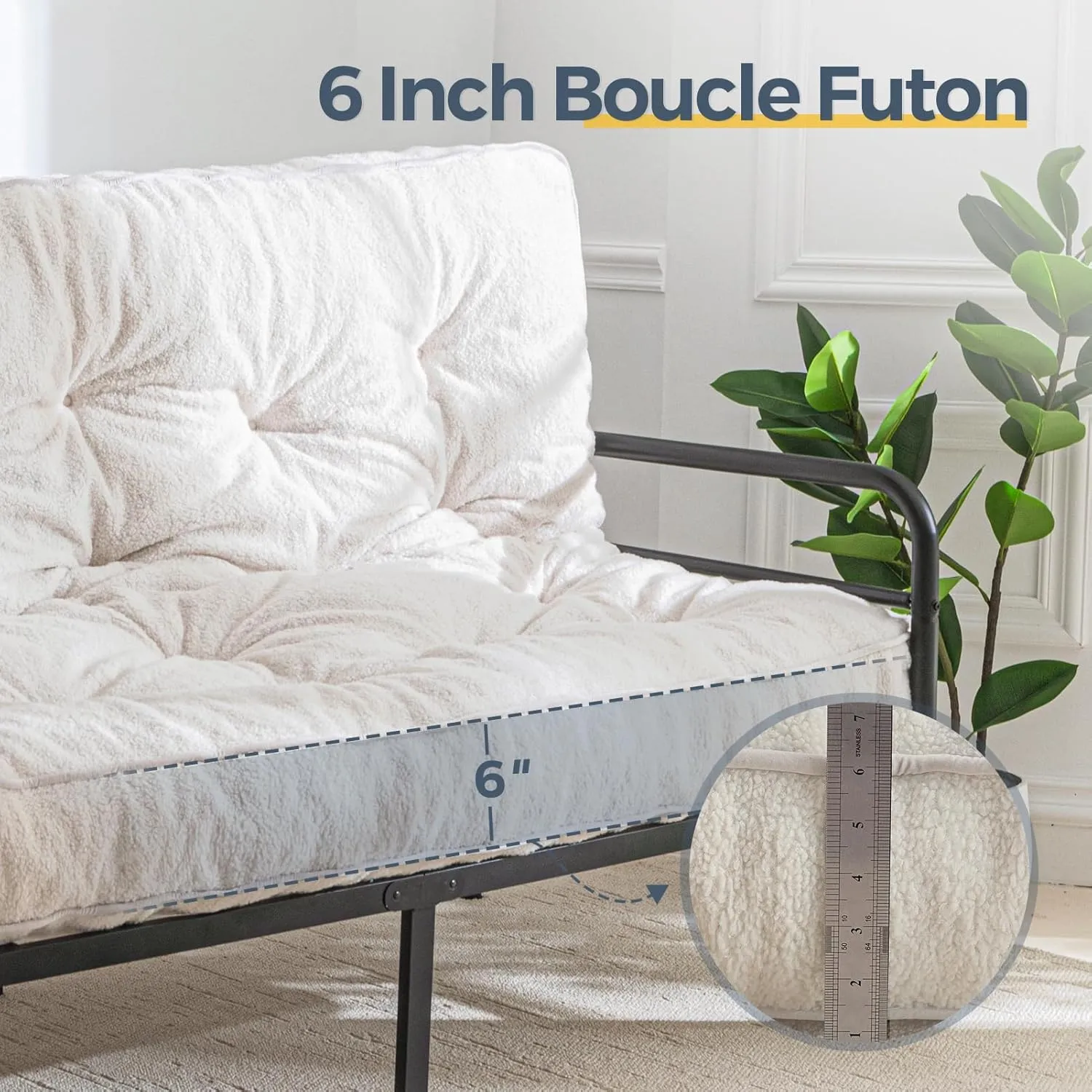 MAXYOYO 6" Futon Mattress Queen Size, Thick Boucle Futons Sofa Couch Bed Floor Mattress for Adults, Sleeper Sofa Bed for Living Room, Shredded Foam Filling (Frame Not Included), Beige