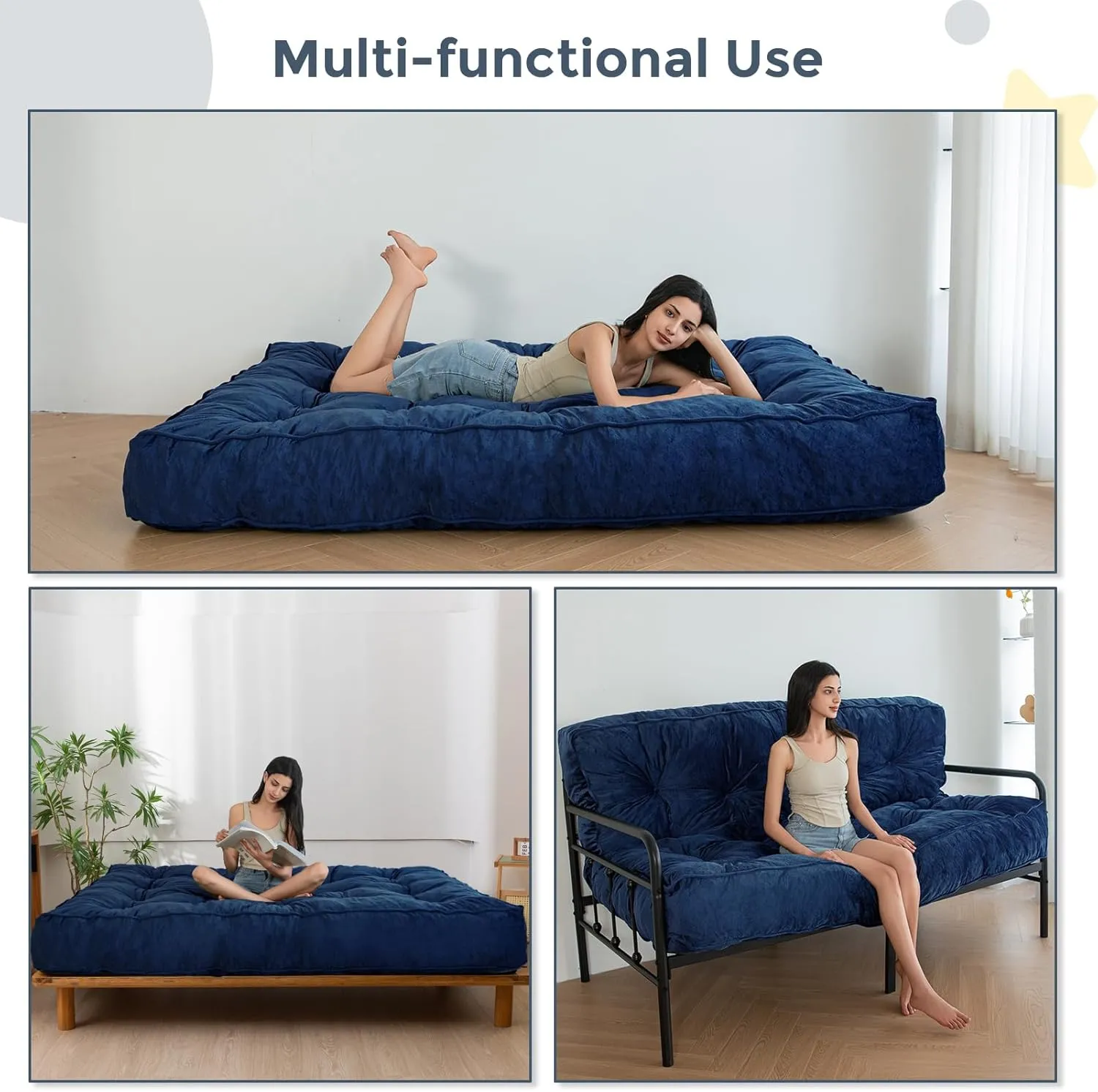 MAXYOYO 8" Futon Mattress, Extra Thick Futons Sofa Couch Bed, Velvet Queen Size Floor Mattress for Adults, Shredded Foam Filling (Frame Not Included), Navy