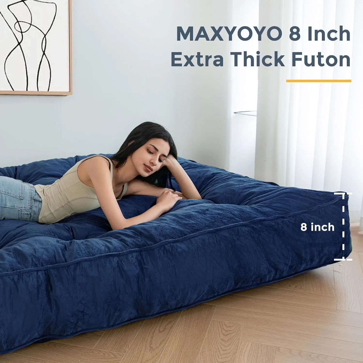 MAXYOYO 8" Futon Mattress, Extra Thick Futons Sofa Couch Bed, Velvet Queen Size Floor Mattress for Adults, Shredded Foam Filling (Frame Not Included), Navy