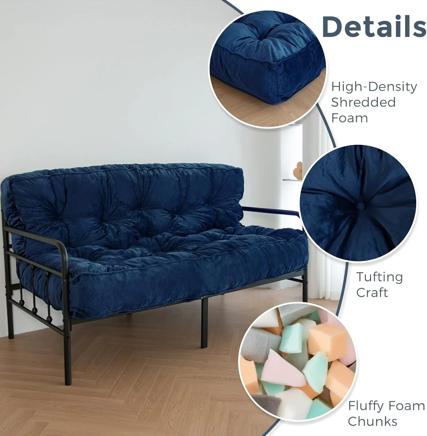 MAXYOYO 8" Futon Mattress, Extra Thick Futons Sofa Couch Bed, Velvet Queen Size Floor Mattress for Adults, Shredded Foam Filling (Frame Not Included), Navy