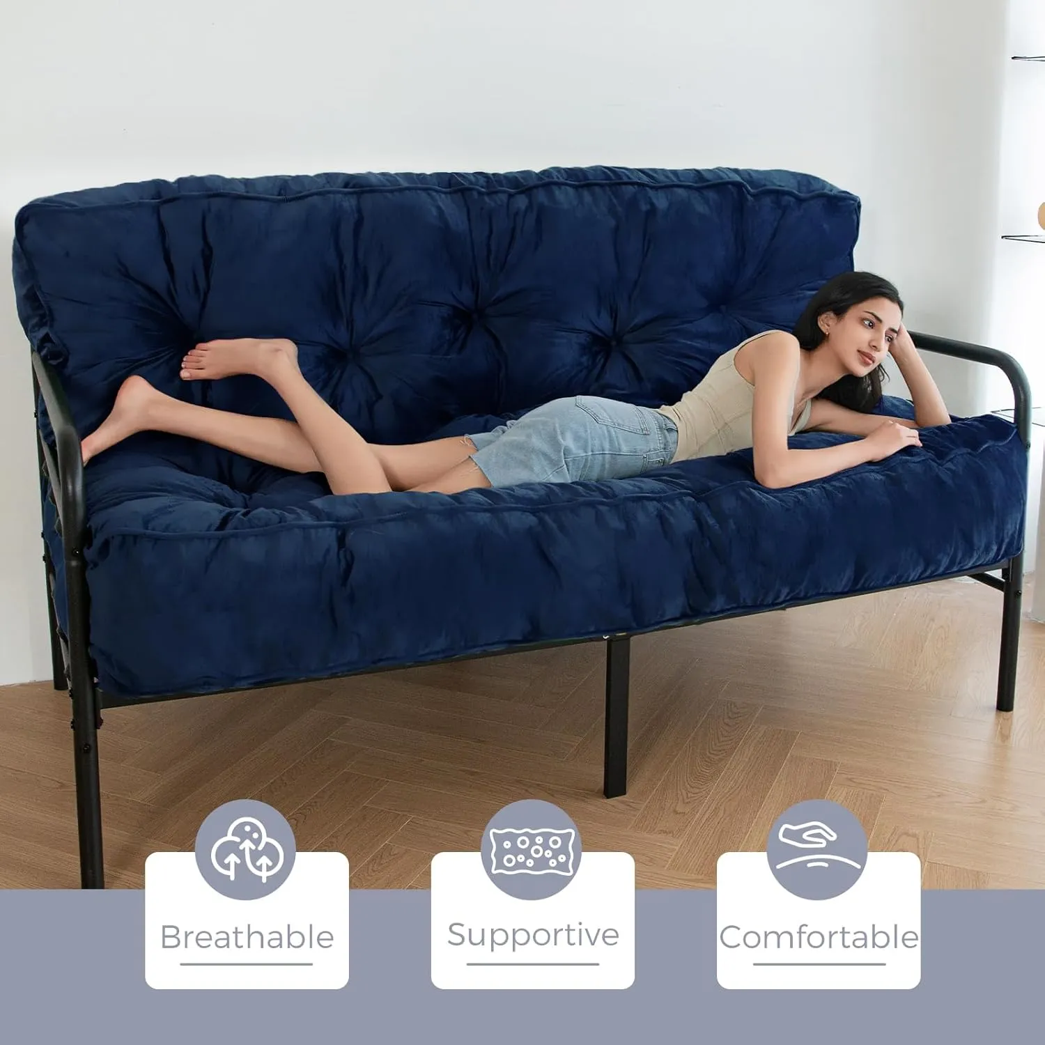 MAXYOYO 8" Futon Mattress, Extra Thick Futons Sofa Couch Bed, Velvet Queen Size Floor Mattress for Adults, Shredded Foam Filling (Frame Not Included), Navy