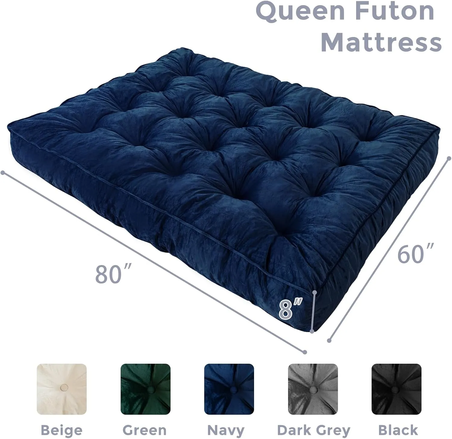 MAXYOYO 8" Futon Mattress, Extra Thick Futons Sofa Couch Bed, Velvet Queen Size Floor Mattress for Adults, Shredded Foam Filling (Frame Not Included), Navy