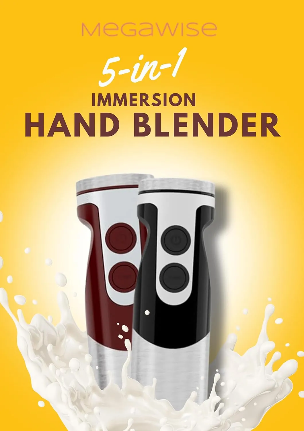 MegaWise Pro Titanium Reinforced 5-in-1 Immersion Hand Blender, Powerful Motor with 80% Sharper Blades, 12-Speed Corded Blender, Including 500ml Chopper, 600ml Beaker, Whisk and Milk Frother (black)