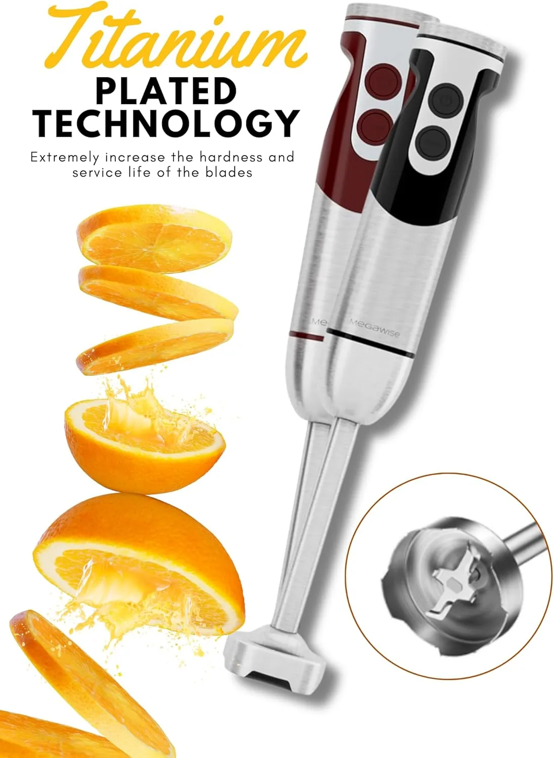 MegaWise Pro Titanium Reinforced 5-in-1 Immersion Hand Blender, Powerful Motor with 80% Sharper Blades, 12-Speed Corded Blender, Including 500ml Chopper, 600ml Beaker, Whisk and Milk Frother (black)