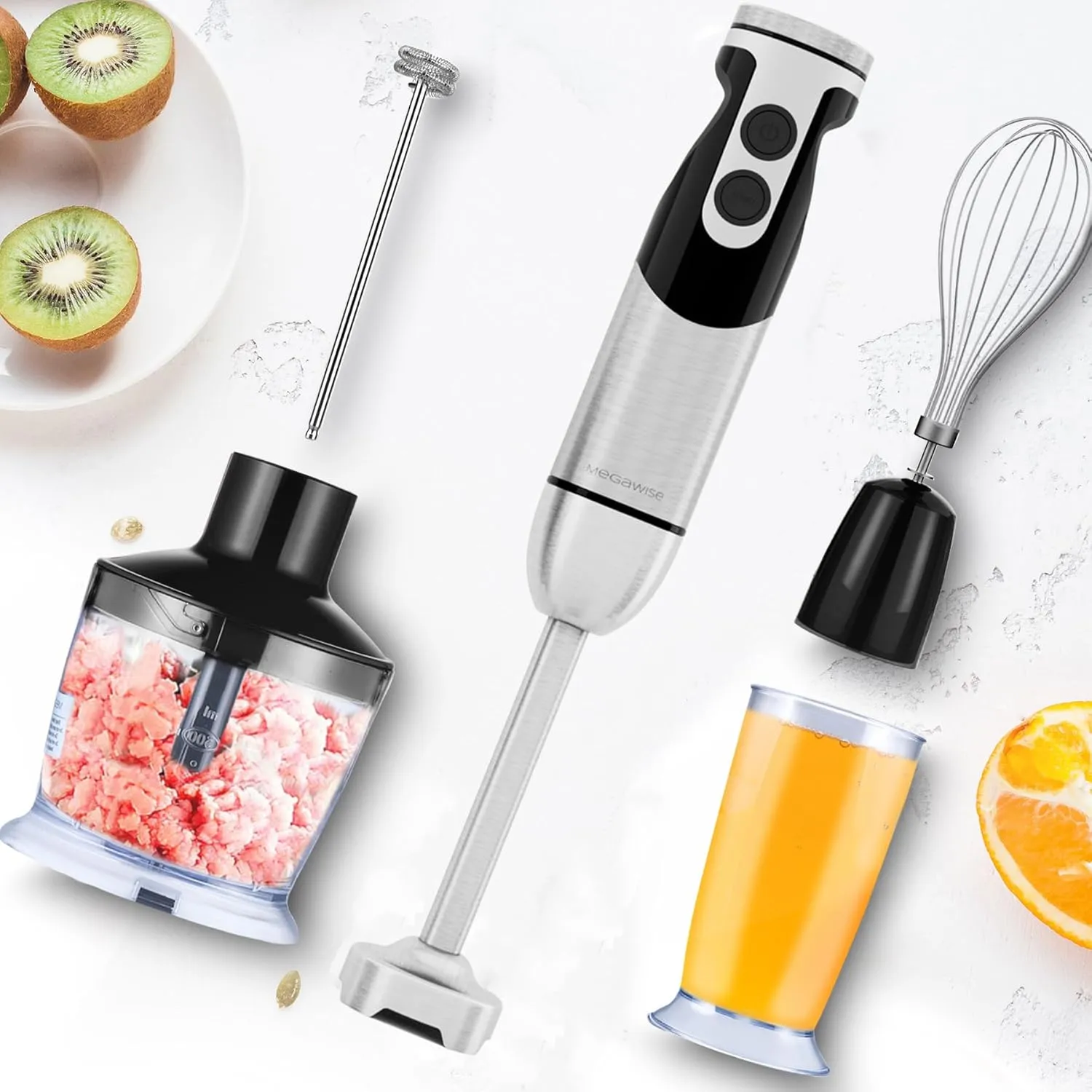 MegaWise Pro Titanium Reinforced 5-in-1 Immersion Hand Blender, Powerful Motor with 80% Sharper Blades, 12-Speed Corded Blender, Including 500ml Chopper, 600ml Beaker, Whisk and Milk Frother (black)