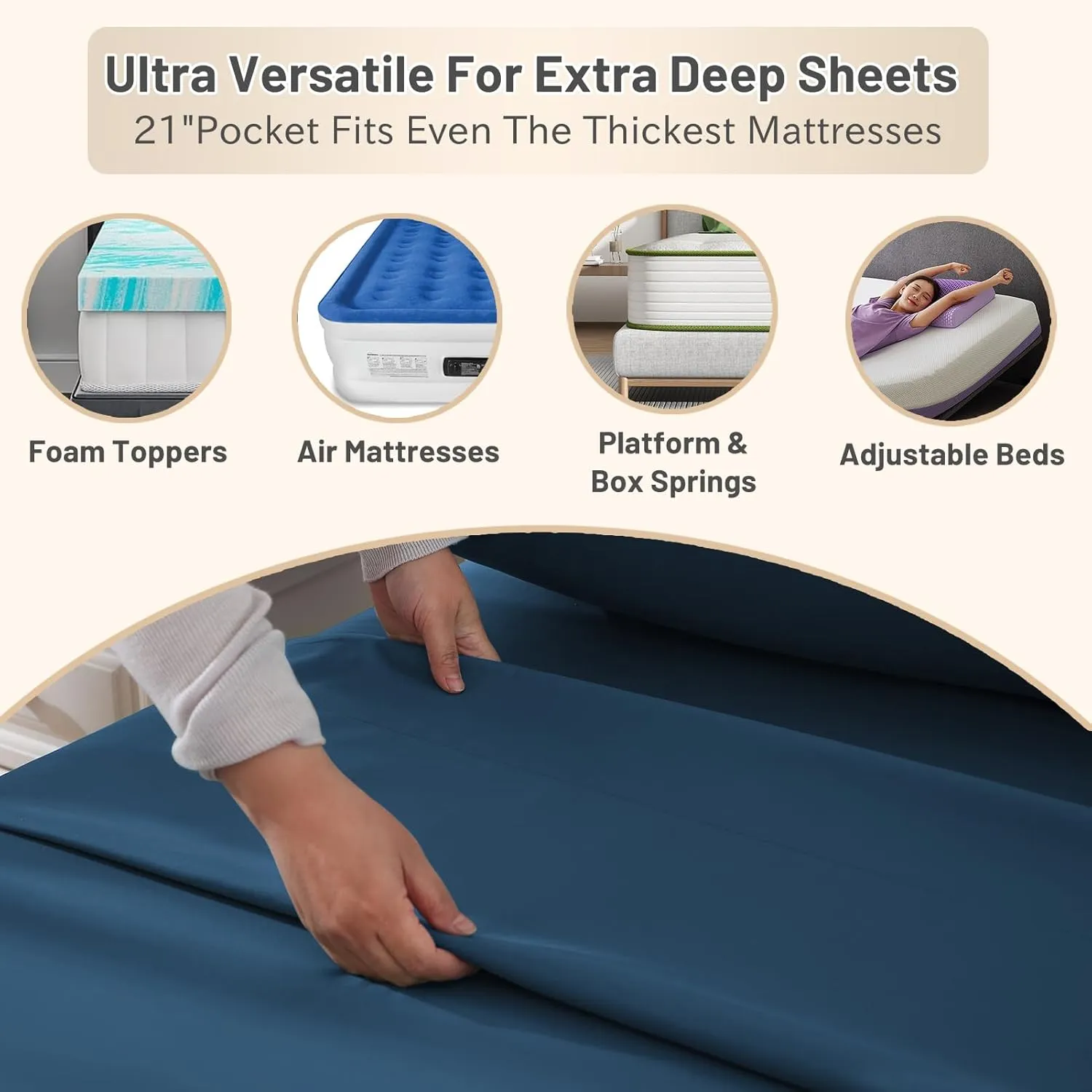 MEISHANG Extra Deep Pocket Queen Sheets Cotton - 1000 Thread Count Sheets Queen - Fits 18"-24" in Deep Mattress,100% Egyptian Cotton,Sateen Weave, Soft & Breathable - 4 Piece (Queen, Navy)