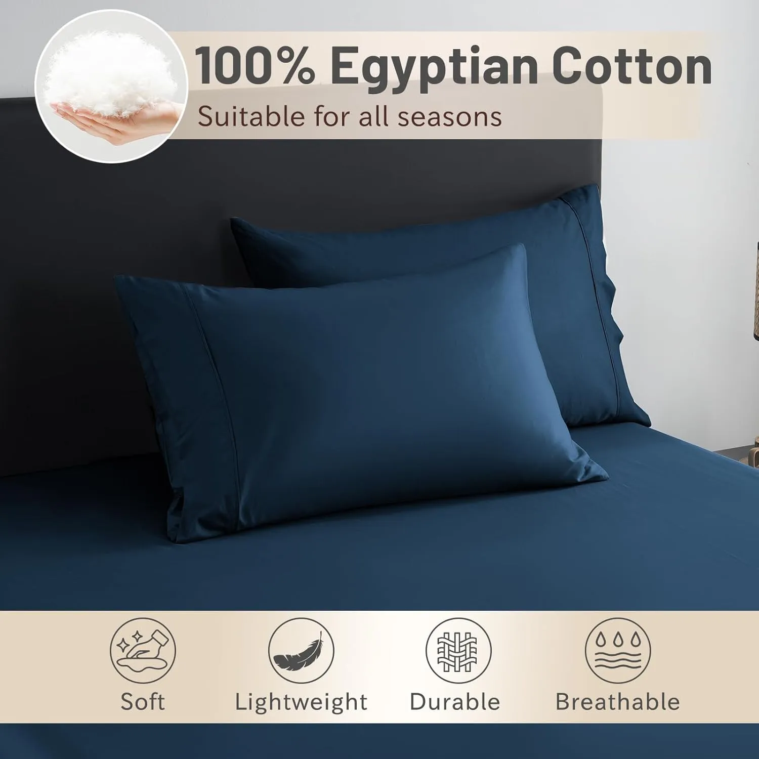 MEISHANG Extra Deep Pocket Queen Sheets Cotton - 1000 Thread Count Sheets Queen - Fits 18"-24" in Deep Mattress,100% Egyptian Cotton,Sateen Weave, Soft & Breathable - 4 Piece (Queen, Navy)