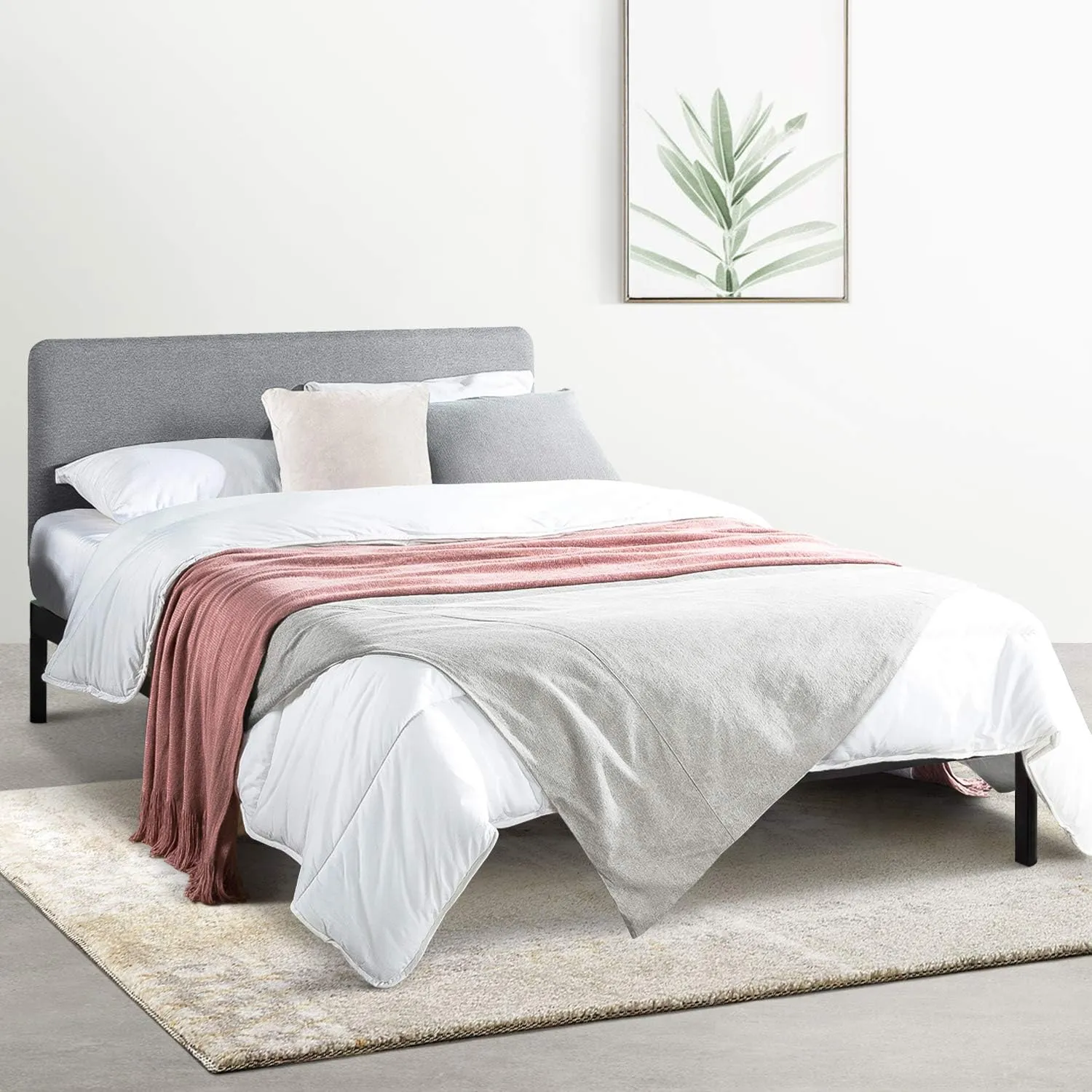 Mellow KERT - Metal Platform Bed with Fabric Headboard, Easy Assembly, Rounded Legs and Corners, King, Classic Grey (ML-FM-KE-DGK)
