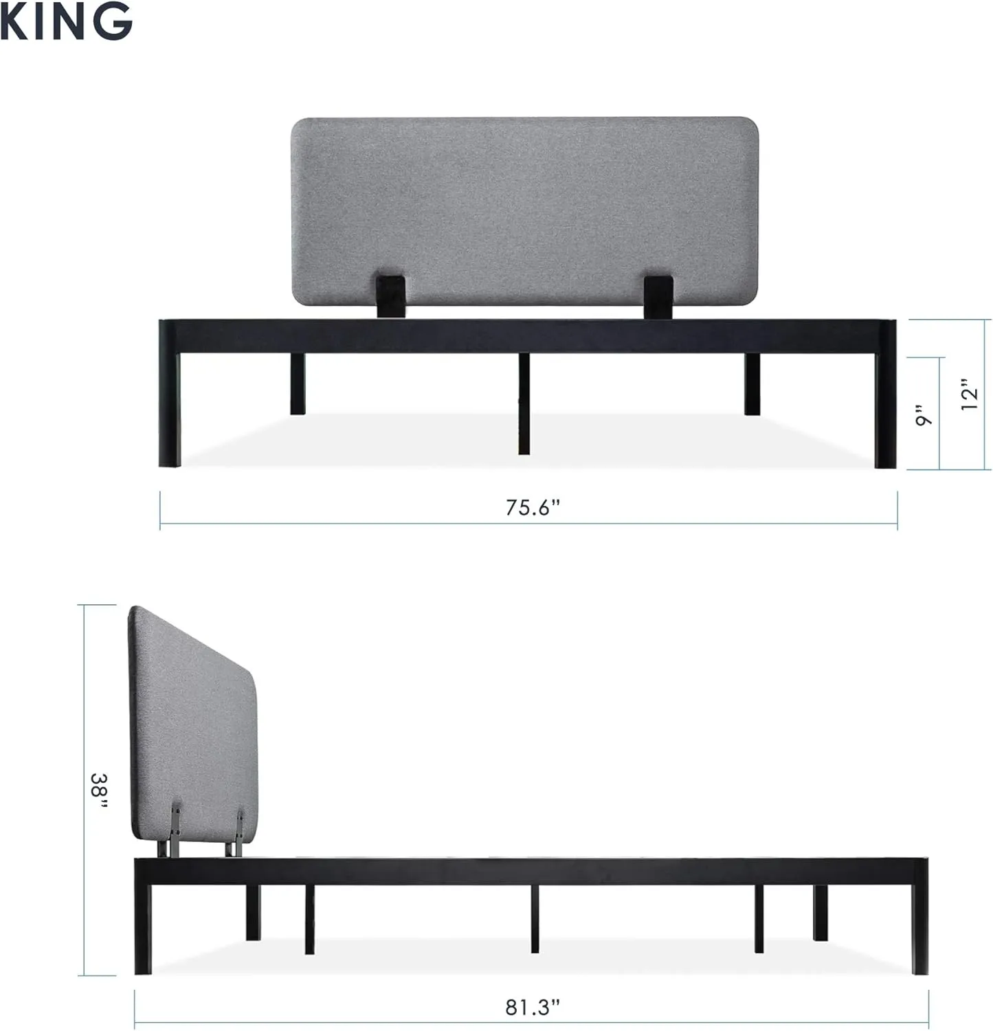 Mellow KERT - Metal Platform Bed with Fabric Headboard, Easy Assembly, Rounded Legs and Corners, King, Classic Grey (ML-FM-KE-DGK)