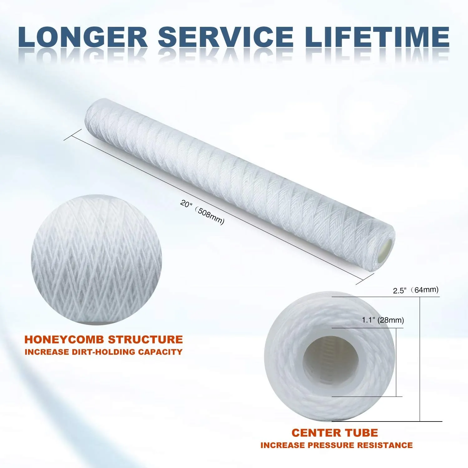 Membrane Solutions 5 Micron 2.5" OD x 20" Length Sediment Water Filter String Wound Polypropylene Cartridge for Whole House Filter Systems - 6 Pack