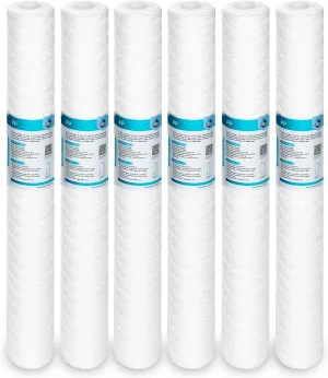 Membrane Solutions 5 Micron 2.5" OD x 20" Length Sediment Water Filter String Wound Polypropylene Cartridge for Whole House Filter Systems - 6 Pack
