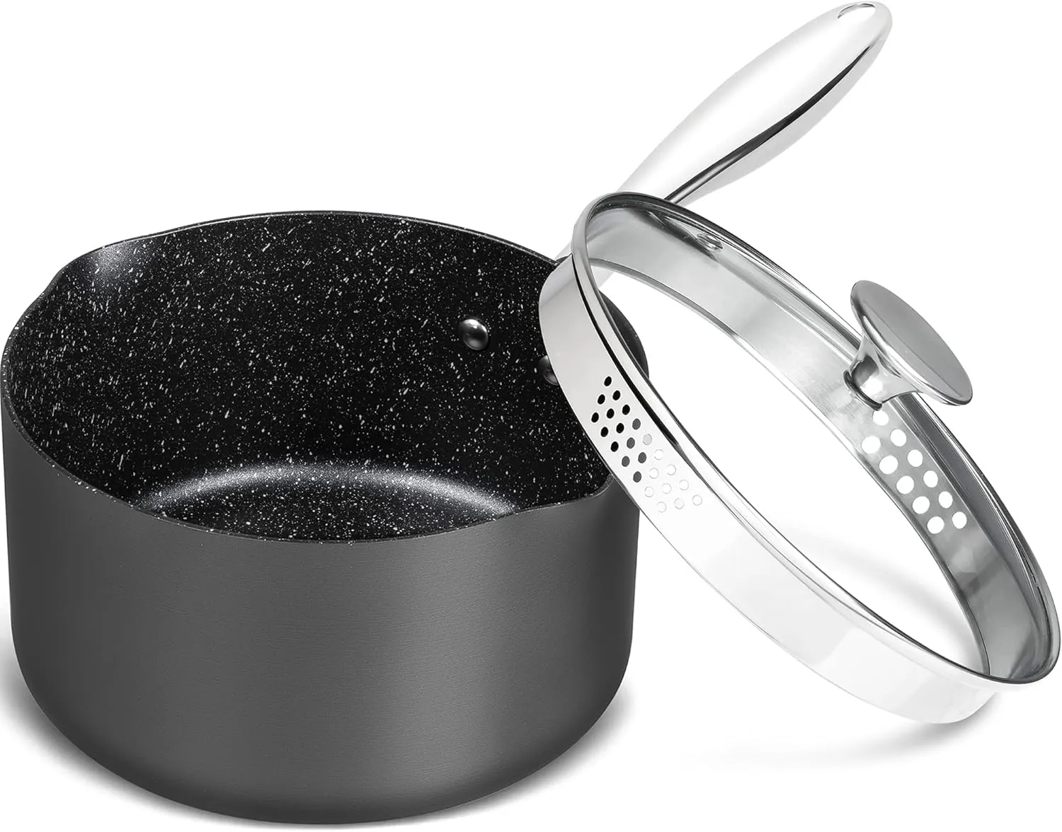 MICHELANGELO 3 Quart Saucepan with Lid, Hard Anodized Nonstick Sauce Pan with Strainer Lid & Pour Spouts for Easy Pour, Granite Derived Coating Sauce Pan for Cooking, Small Pot - 3 Qt Saucepan