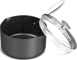 MICHELANGELO 3 Quart Saucepan with Lid, Hard Anodized Nonstick Sauce Pan with Strainer Lid & Pour Spouts for Easy Pour, Granite Derived Coating Sauce Pan for Cooking, Small Pot - 3 Qt Saucepan