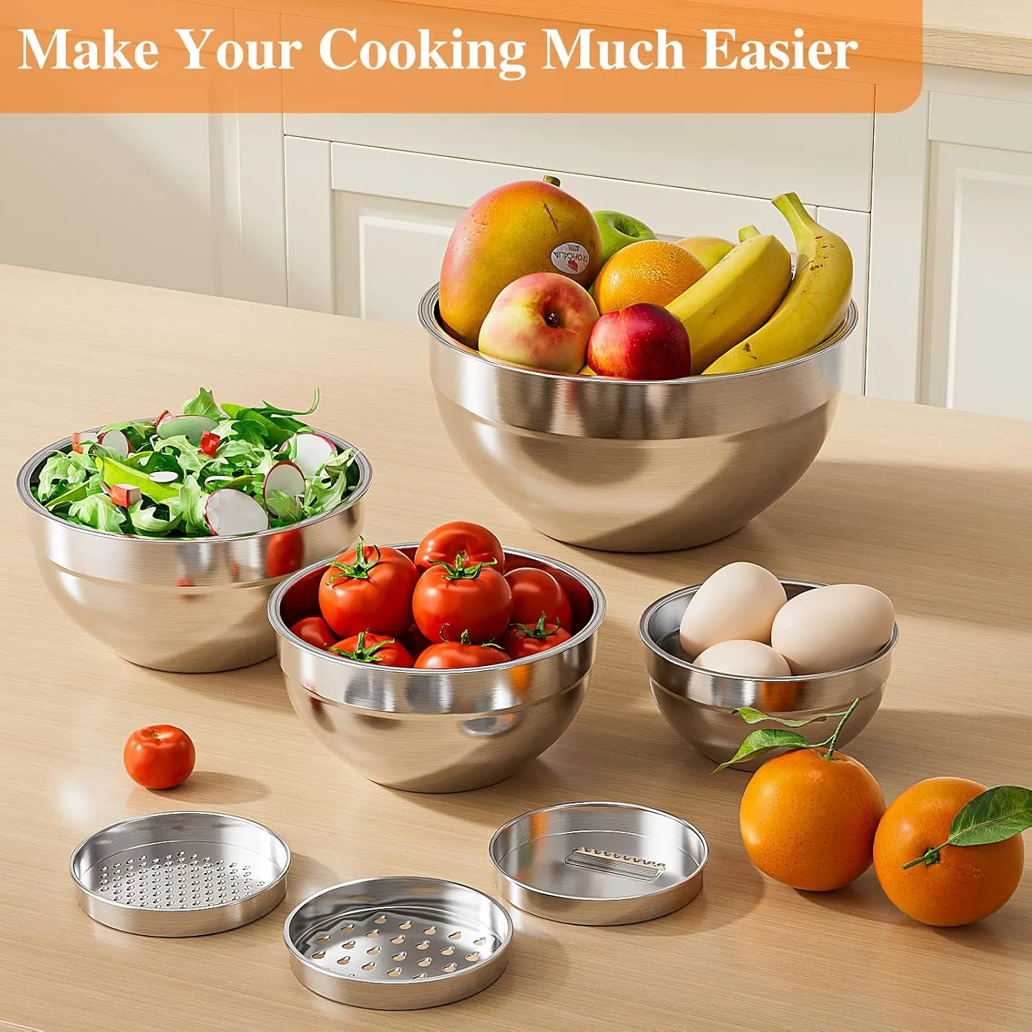 Mixing Bowls with Lids Set, 6 PCS Stainless Steel Mixing Bowls with 3 Grater Attachments, Kitchen Food Organizers Nesting Mixing Bowl, Large Size 4.5, 3.5, 2.1, 1.5, 1.1, 0.7QT-Colorful