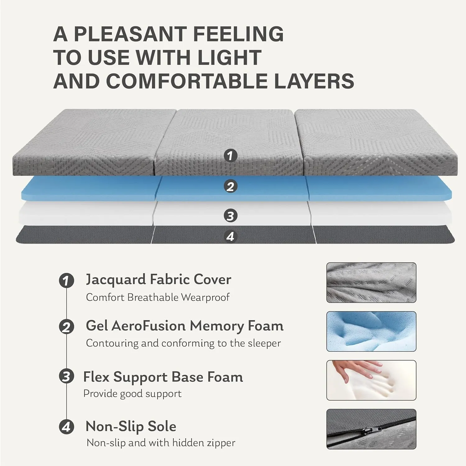 MLILY Tri-Fold Memory Foam Mattress, 4 inch Full Folding Mattress with Collapsible and Washable Cover, Travel and Guest Mat, 75"×54"×4", Grey