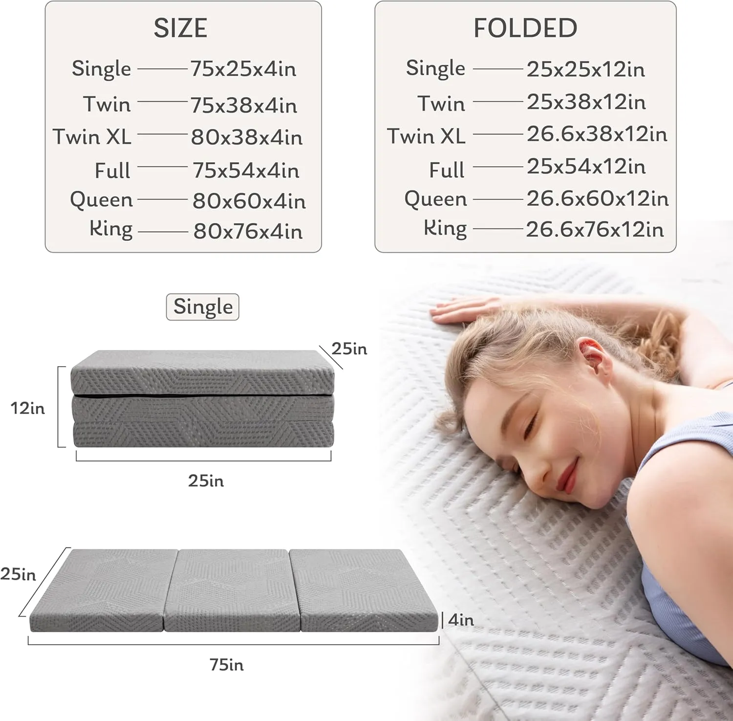 MLILY Tri-Fold Memory Foam Mattress, 4 inch Twin Folding Mattress with Collapsible and Washable Cover, Travel and Guest Mat, 75"×38"×4", Grey