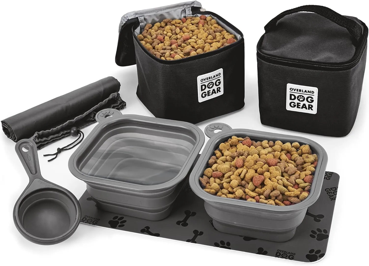 Mobile Dog Gear, Dine Away Dog Travel Bag for Medium and Large Dogs, Includes Lined Food Carriers and 2 Collapsible Dog Bowl, Collapsible Scooper and Placemat, Black